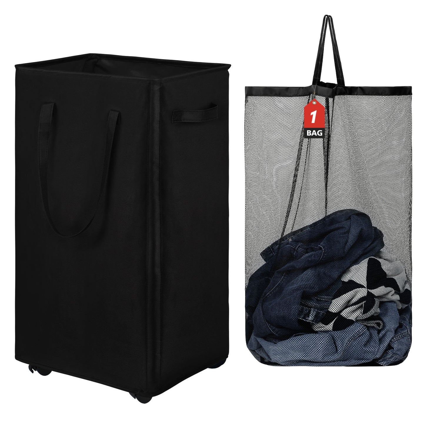 DOKEHOM 90L X-Large Laundry Basket with Removable Wash Bag on Wheels, Collapsible Rolling Laundry Hamper, Foldable Clothes Organizer, Folding Washing Bin (Black)