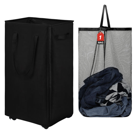 DOKEHOM 90L X-Large Laundry Basket with Removable Wash Bag on Wheels, Collapsible Rolling Laundry Hamper, Foldable Clothes Organizer, Folding Washing Bin (Black)