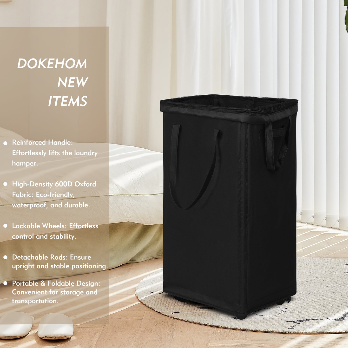 DOKEHOM 90L X-Large Laundry Basket with Removable Wash Bag on Wheels, Collapsible Rolling Laundry Hamper, Foldable Clothes Organizer, Folding Washing Bin (Black)