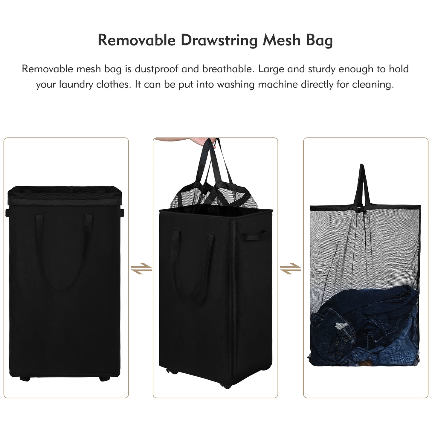 DOKEHOM 90L X-Large Laundry Basket with Removable Wash Bag on Wheels, Collapsible Rolling Laundry Hamper, Foldable Clothes Organizer, Folding Washing Bin (Black)