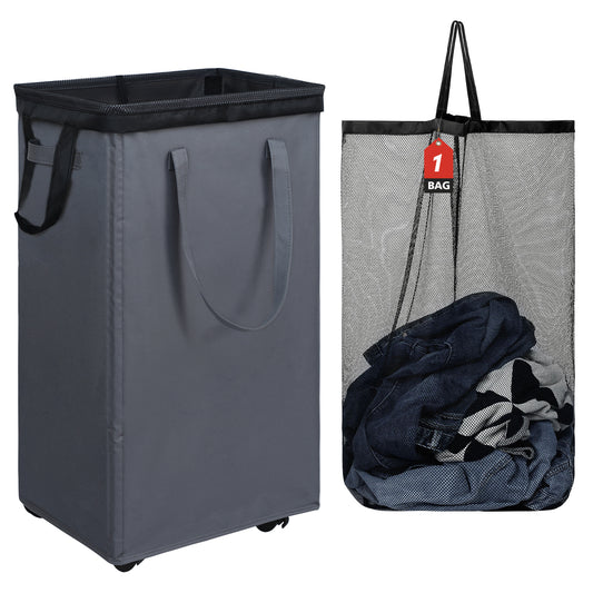DOKEHOM 90L X-Large Laundry Basket with Removable Wash Bag on Wheels, Collapsible Rolling Laundry Hamper, Foldable Clothes Organizer, Folding Washing Bin (Grey)