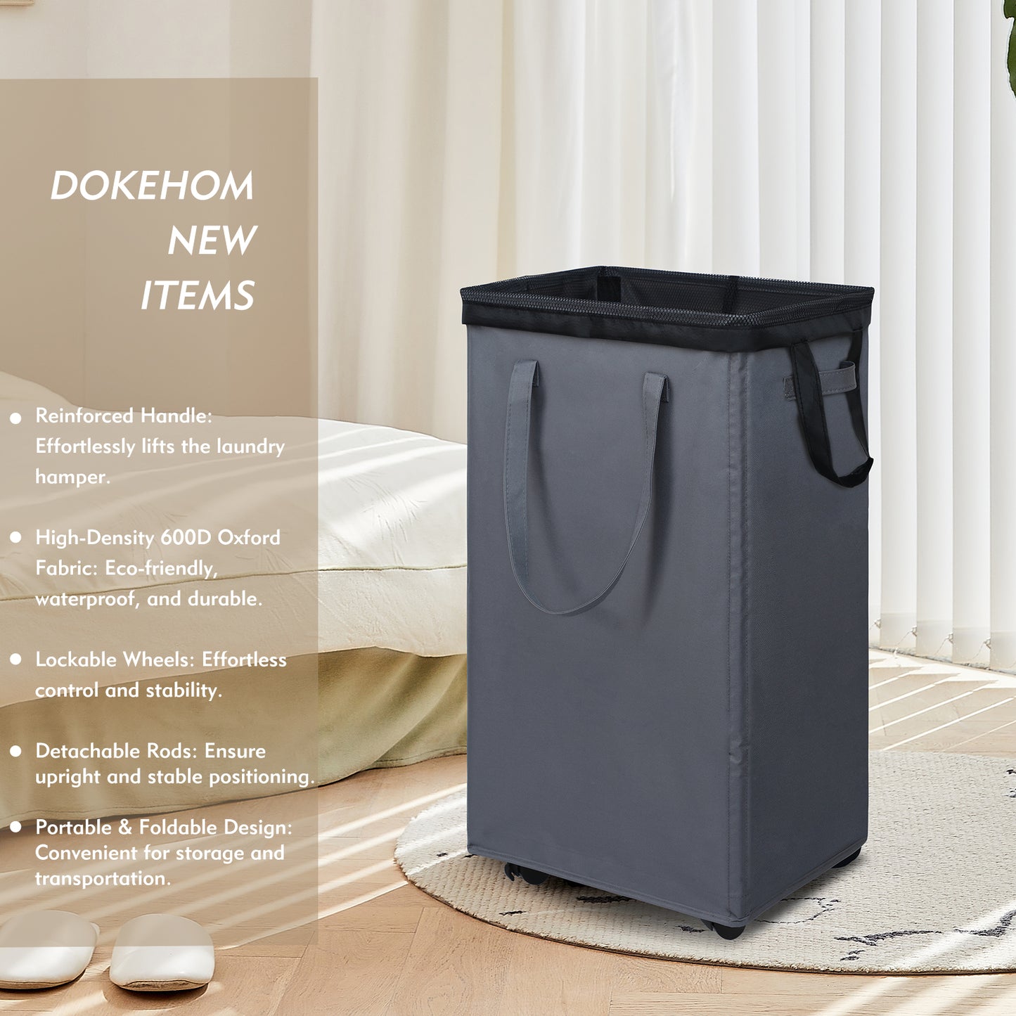 DOKEHOM 90L X-Large Laundry Basket with Removable Wash Bag on Wheels, Collapsible Rolling Laundry Hamper, Foldable Clothes Organizer, Folding Washing Bin (Grey)