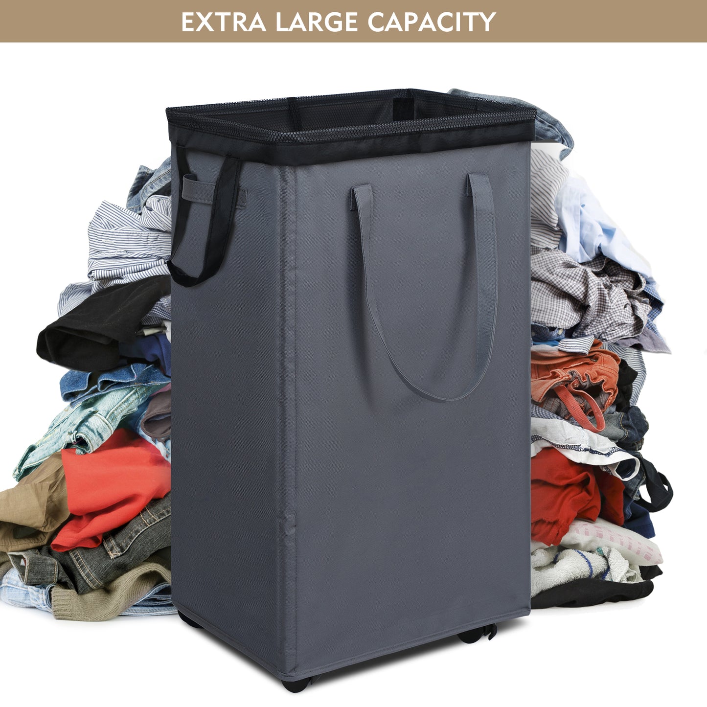 DOKEHOM 90L X-Large Laundry Basket with Removable Wash Bag on Wheels, Collapsible Rolling Laundry Hamper, Foldable Clothes Organizer, Folding Washing Bin (Grey)