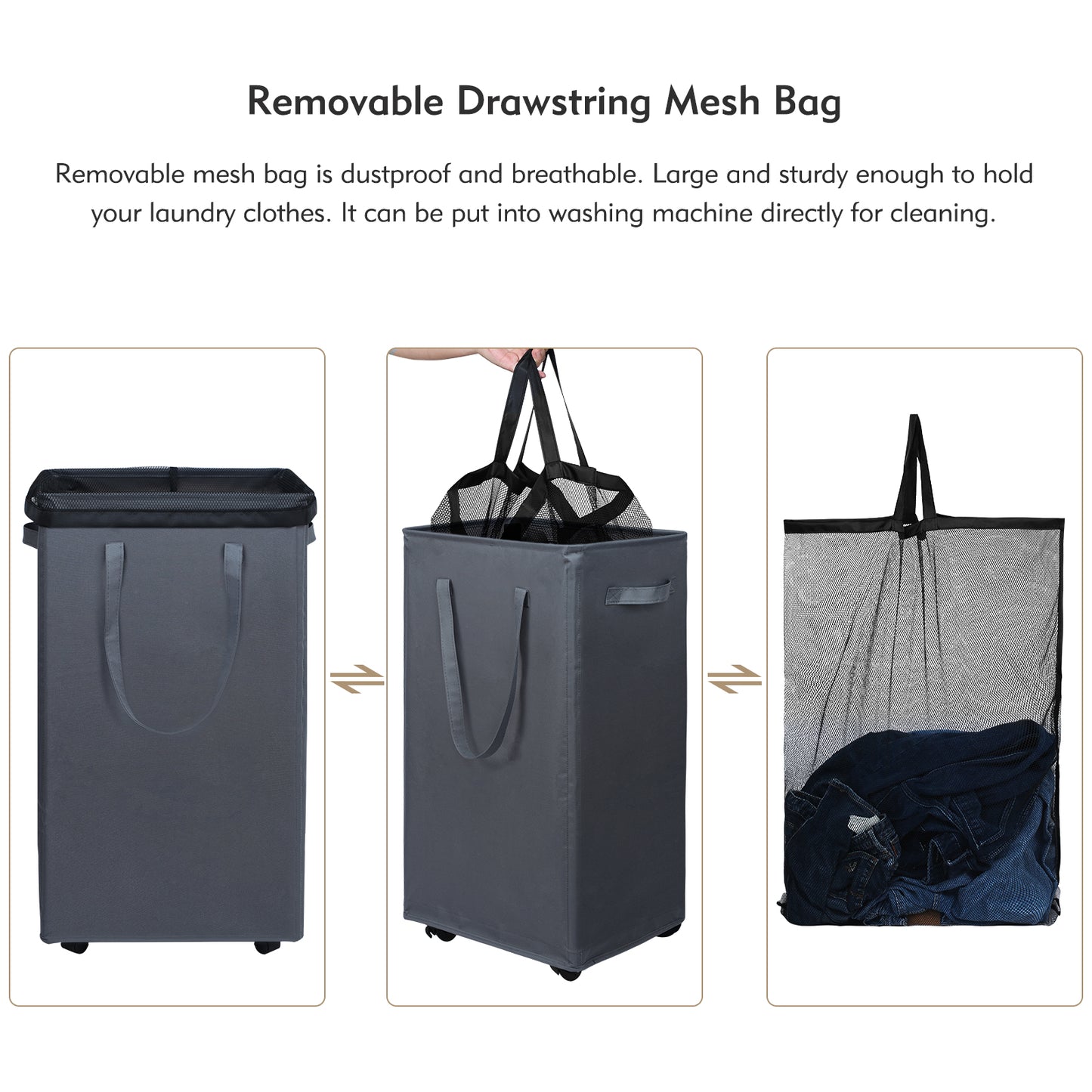 DOKEHOM 90L X-Large Laundry Basket with Removable Wash Bag on Wheels, Collapsible Rolling Laundry Hamper, Foldable Clothes Organizer, Folding Washing Bin (Grey)