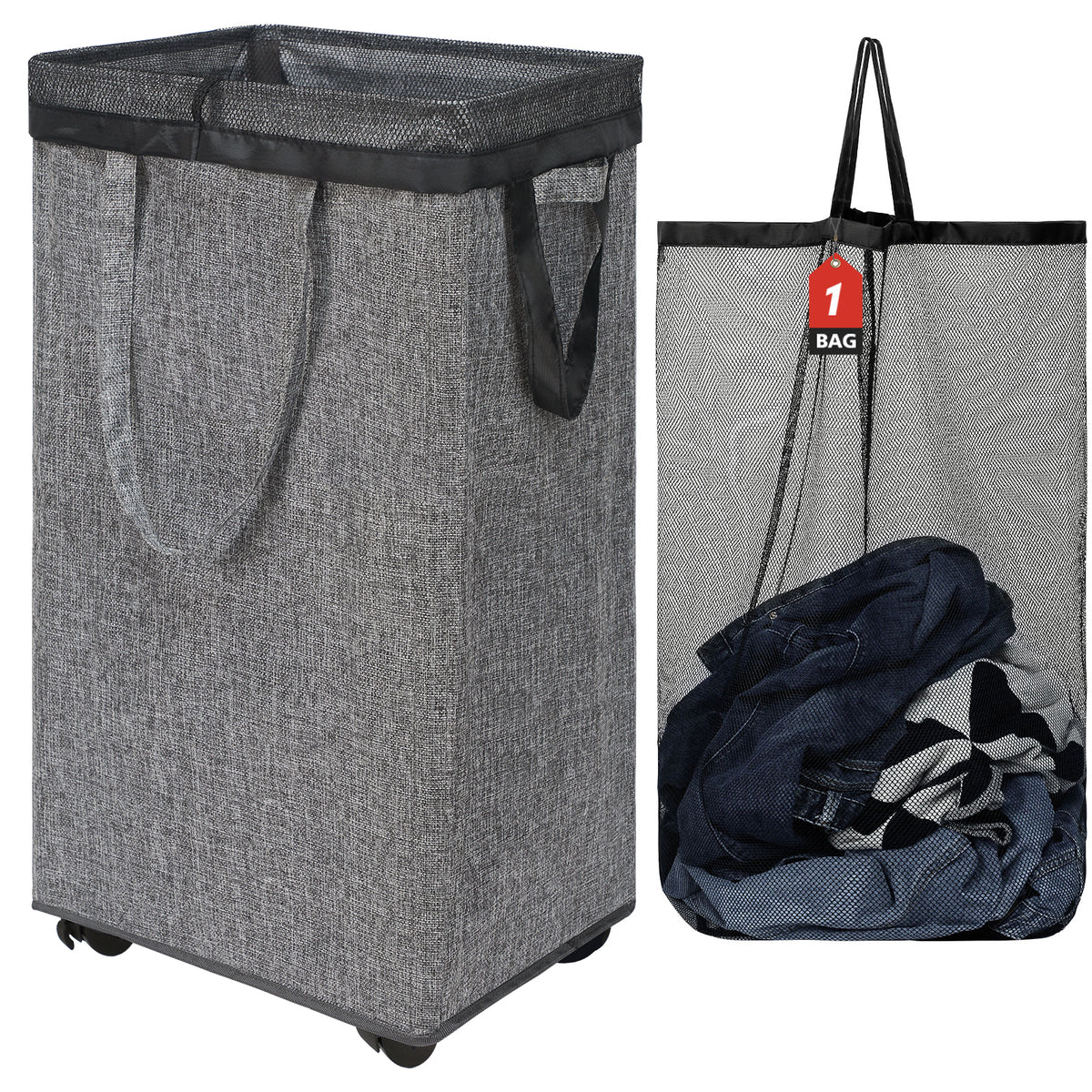 DOKEHOM 90L X-Large Laundry Basket with Removable Wash Bag on Wheels, Collapsible Rolling Laundry Hamper, Foldable Clothes Organizer, Folding Washing Bin (Linen Grey)