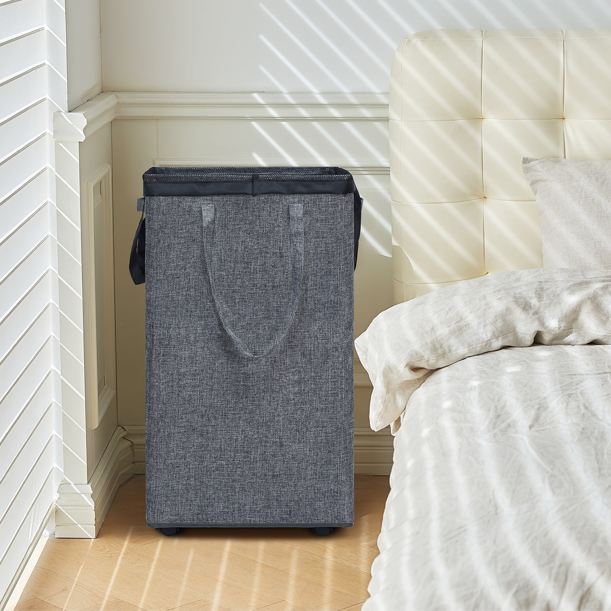 DOKEHOM 90L X-Large Laundry Basket with Removable Wash Bag on Wheels, Collapsible Rolling Laundry Hamper, Foldable Clothes Organizer, Folding Washing Bin (Linen Grey)