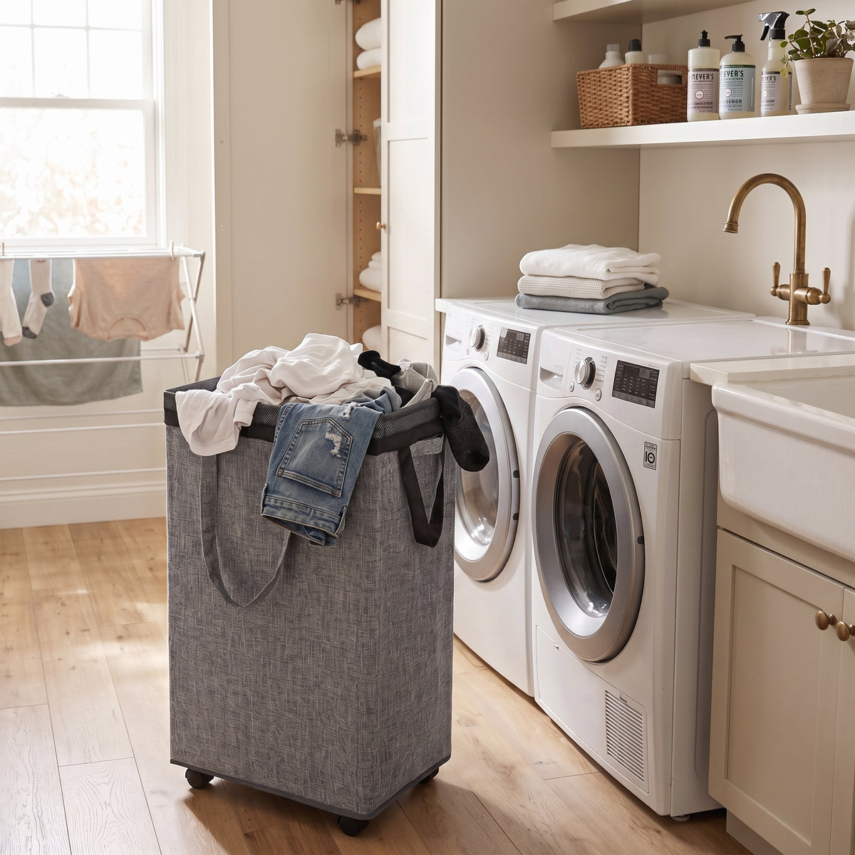 DOKEHOM 90L X-Large Laundry Basket with Removable Wash Bag on Wheels, Collapsible Rolling Laundry Hamper, Foldable Clothes Organizer, Folding Washing Bin (Linen Grey)