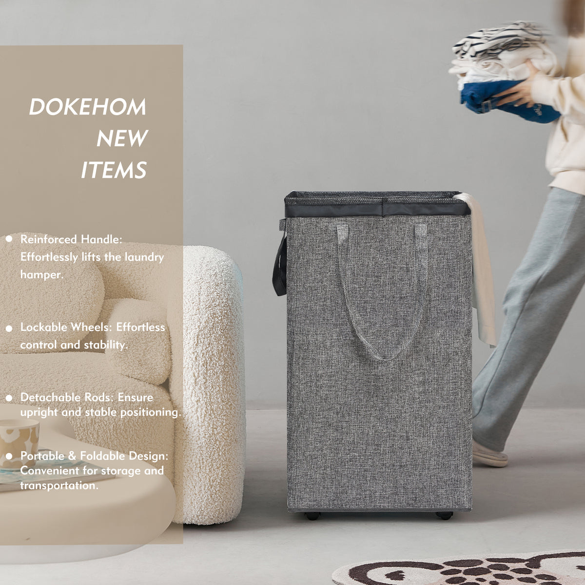 DOKEHOM 90L X-Large Laundry Basket with Removable Wash Bag on Wheels, Collapsible Rolling Laundry Hamper, Foldable Clothes Organizer, Folding Washing Bin (Linen Grey)