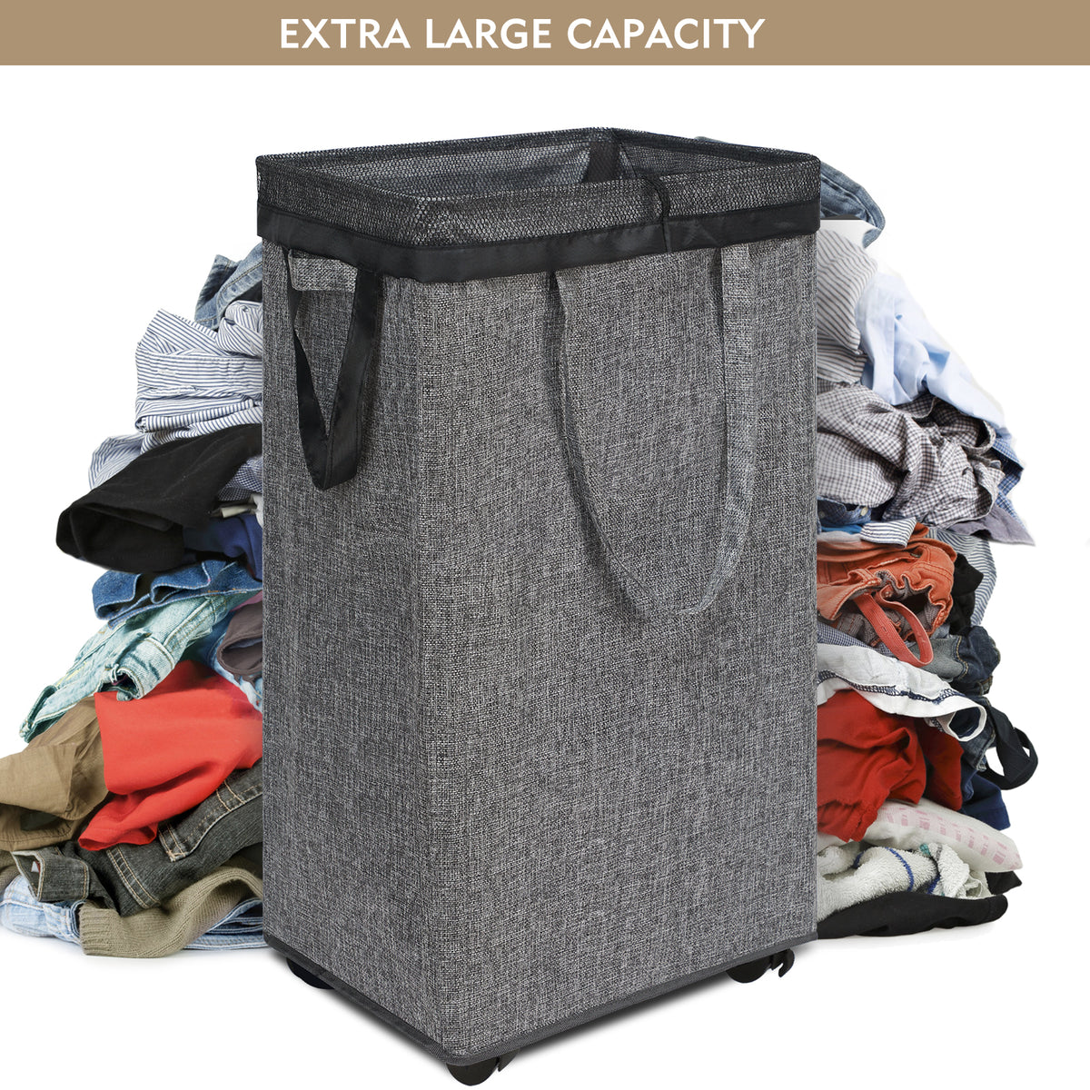 DOKEHOM 90L X-Large Laundry Basket with Removable Wash Bag on Wheels, Collapsible Rolling Laundry Hamper, Foldable Clothes Organizer, Folding Washing Bin (Linen Grey)