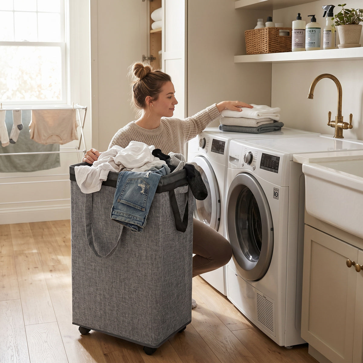 DOKEHOM 90L X-Large Laundry Basket with Removable Wash Bag on Wheels, Collapsible Rolling Laundry Hamper, Foldable Clothes Organizer, Folding Washing Bin (Linen Grey)