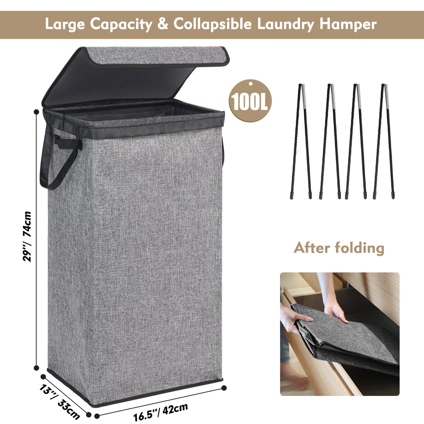DOKEHOM Laundry Basket with Lid and Removable Laundry Bags, Large Collapsible Laundry Hamper for Bedroom, Bathroom, Laundry Room, Colloge