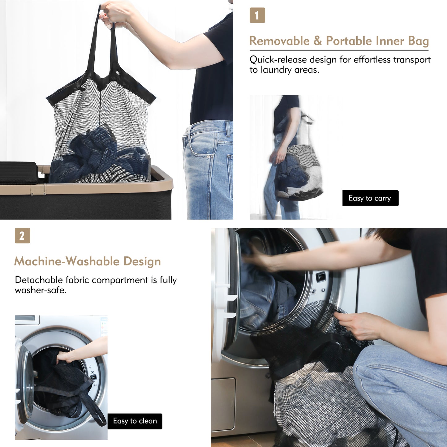 DOKEHOM 160L Double Laundry Basket with Removable Lid and Laundry Bags, Large Collapsible Laundry Hamper with 2 Sections (Black)