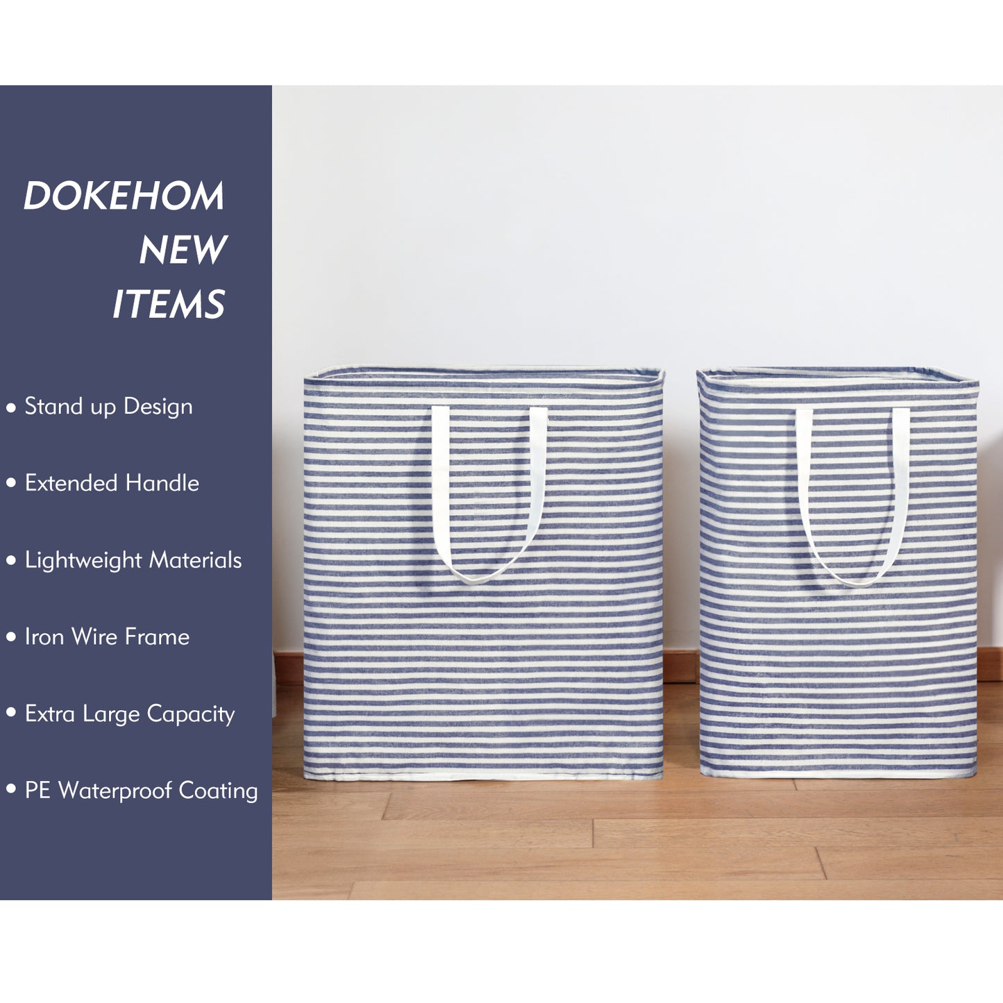 DOKEHOM 80L Freestanding Laundry Hamper with Handle, Collapsible Large Cotton Storage Basket for Clothes (Blue)