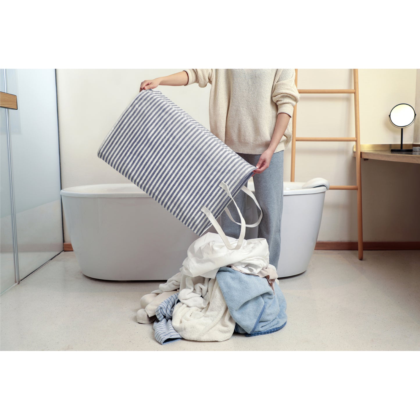 DOKEHOM 80L Freestanding Laundry Hamper with Handle, Collapsible Large Cotton Storage Basket for Clothes (Blue)