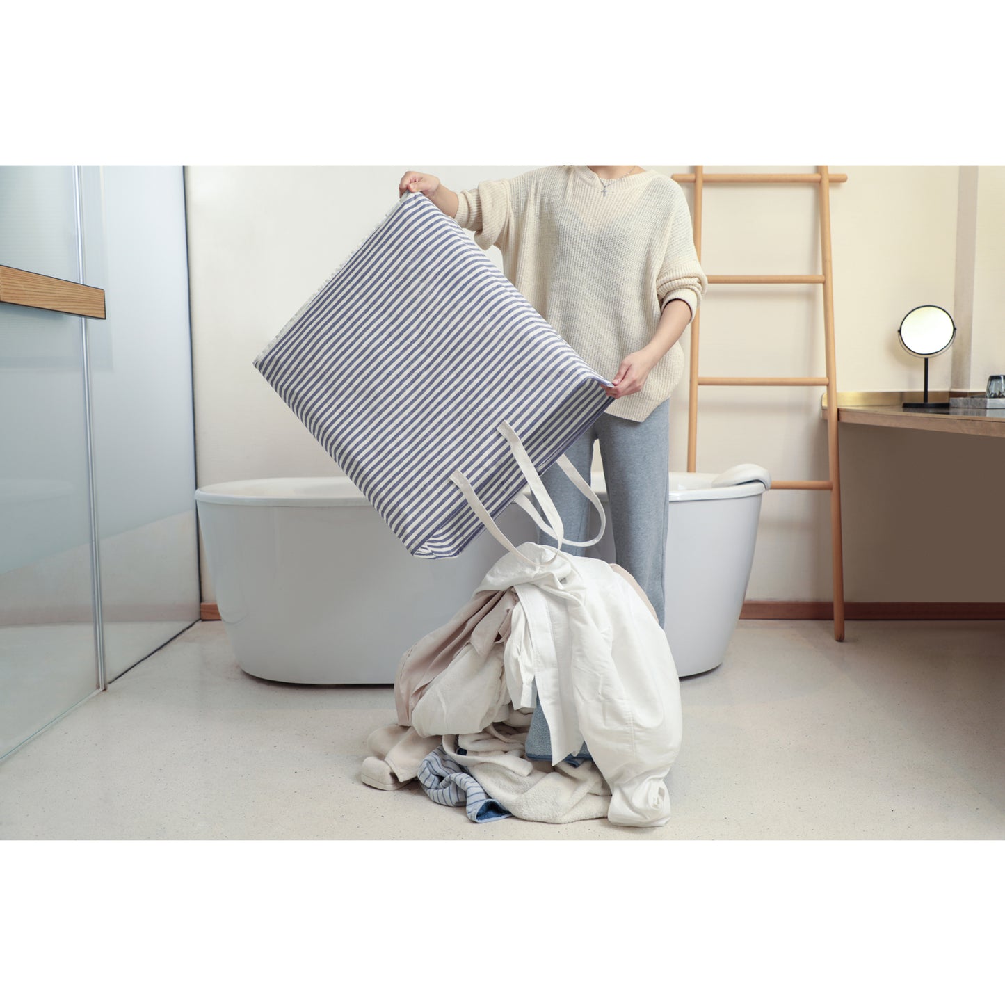 DOKEHOM 120L Freestanding Laundry Hamper with Handle, Collapsible Extra Large Cotton Storage Basket for Clothes (Blue)