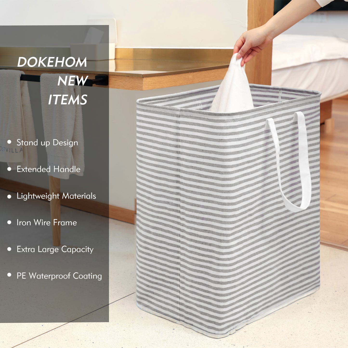 DOKEHOM 120L Freestanding Laundry Hamper with Handle, Collapsible Extra Large Cotton Storage Basket for Clothes (Grey)