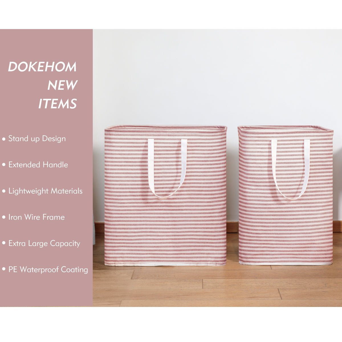 DOKEHOM 80L Freestanding Laundry Hamper with Handle, Collapsible Large Cotton Storage Basket for Clothes (Pink)