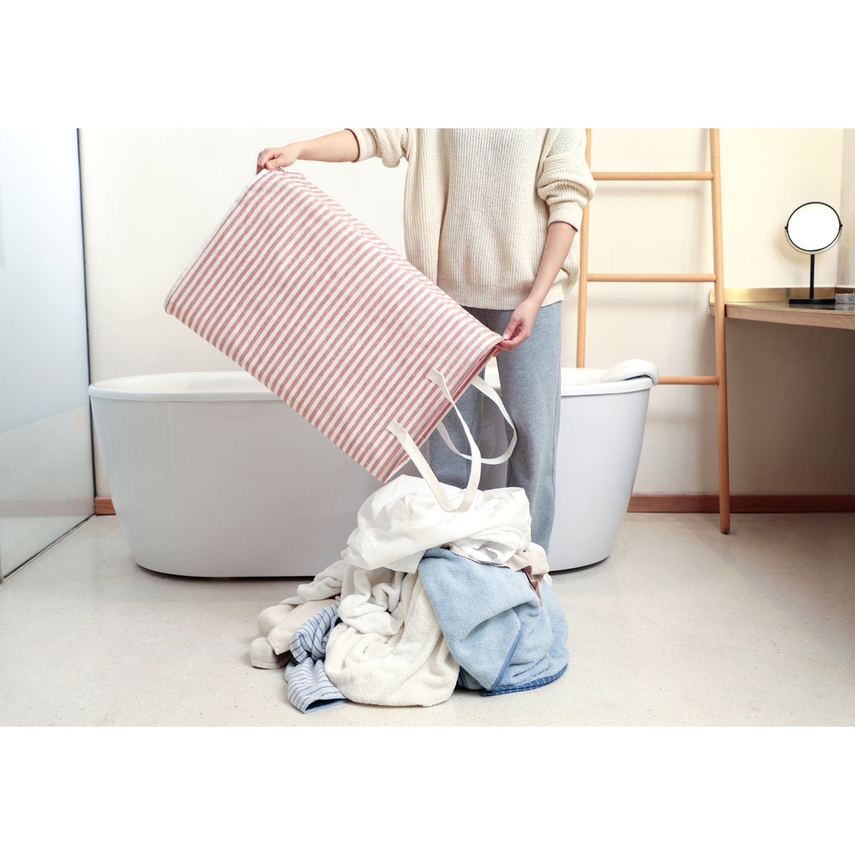 DOKEHOM 80L Freestanding Laundry Hamper with Handle, Collapsible Large Cotton Storage Basket for Clothes (Pink)