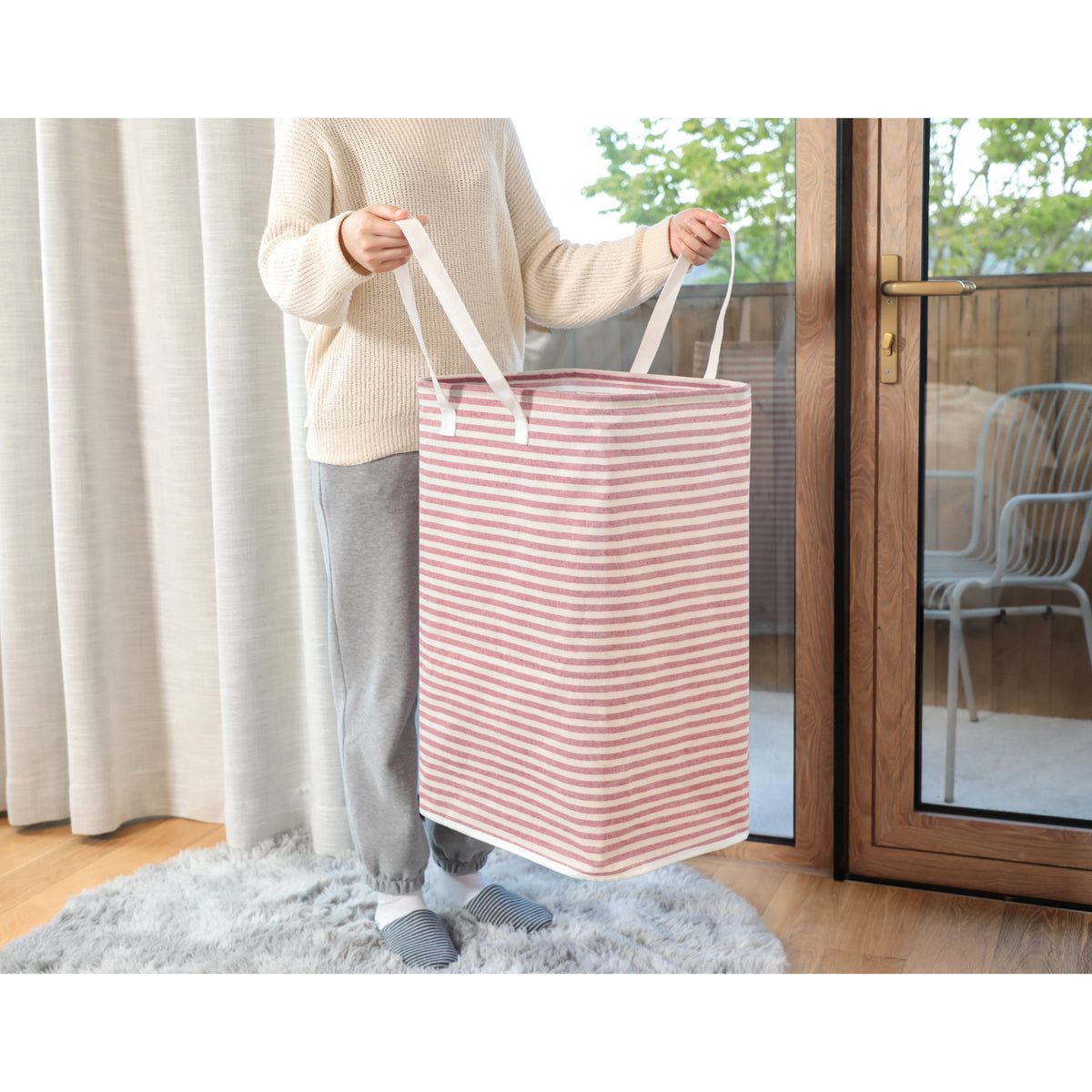 DOKEHOM 80L Freestanding Laundry Hamper with Handle, Collapsible Large Cotton Storage Basket for Clothes (Pink)