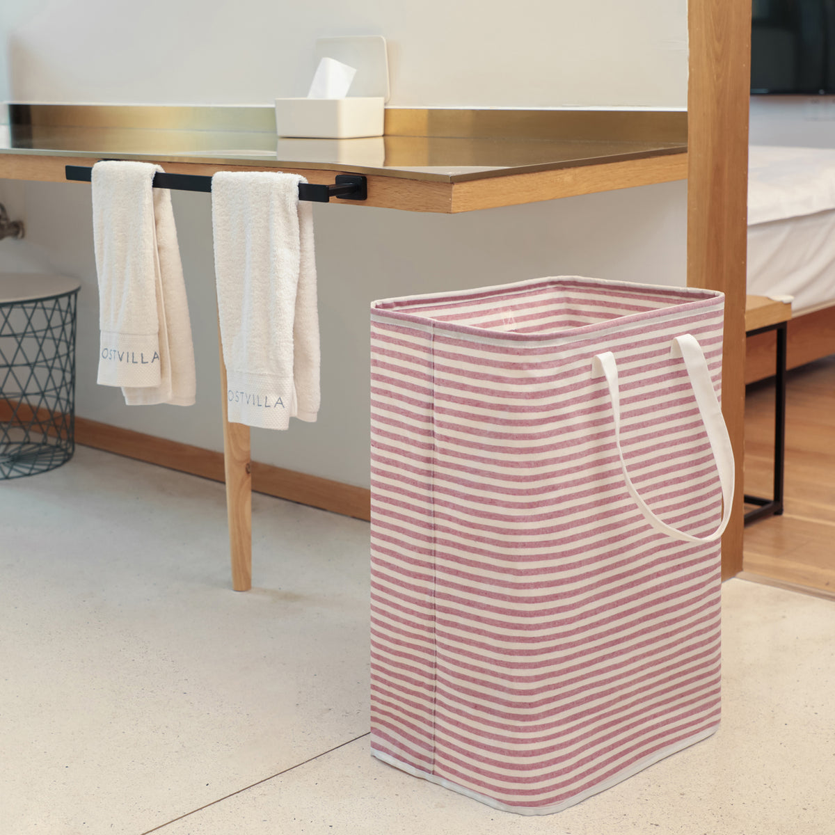 DOKEHOM 80L Freestanding Laundry Hamper with Handle, Collapsible Large Cotton Storage Basket for Clothes (Pink)