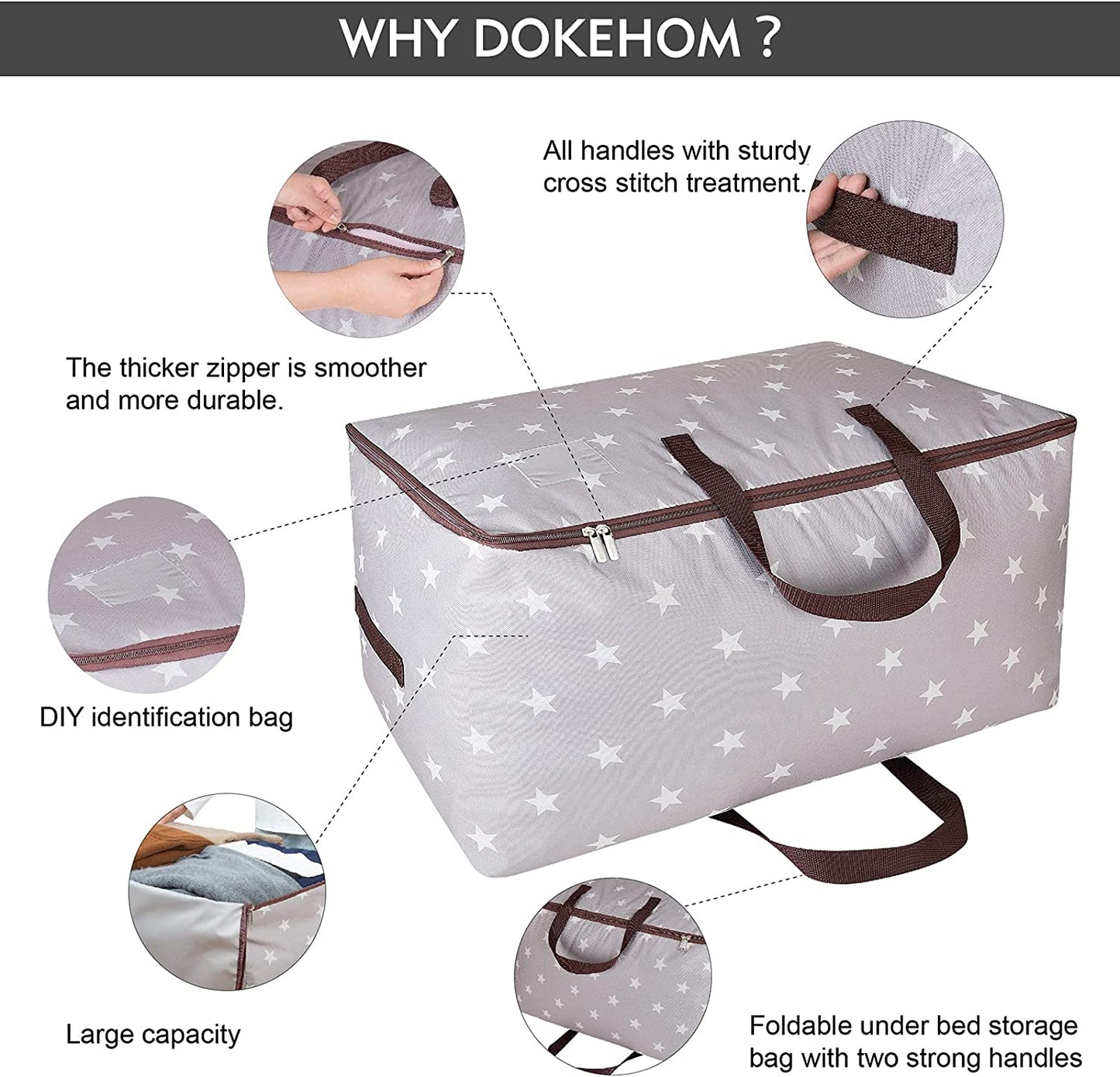 DOKEHOM 3-Pieces 105L Large Storage Bag, Fabric Clothes Bag, Thick Ultra Size Under Bed Storage, Moisture proof (Grey, 3 Pack)