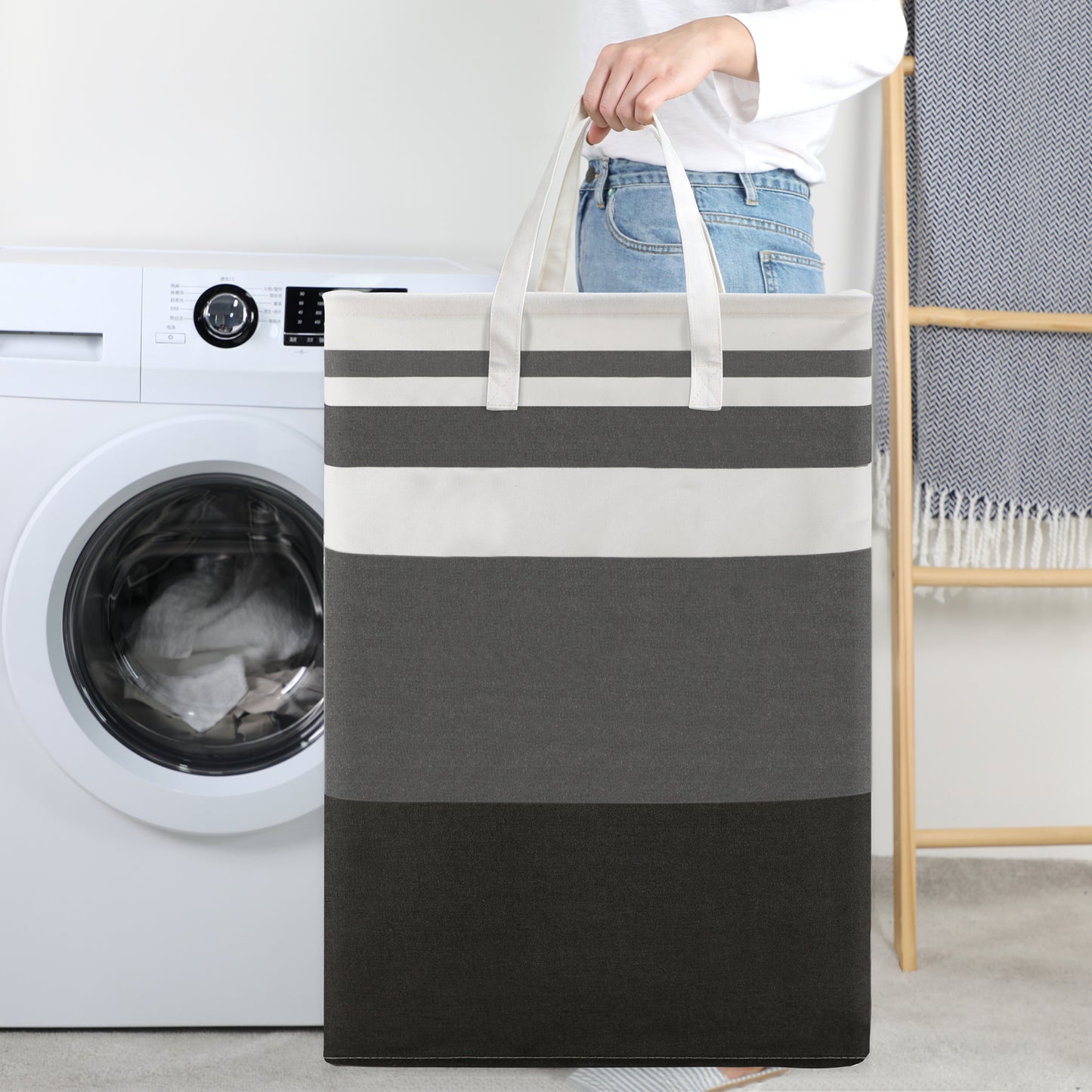 DOKEHOM 80L [2 Pack] Freestanding Laundry Hamper with Handle, Collapsible Large Cotton Storage Basket for Clothes (Gradient Grey)