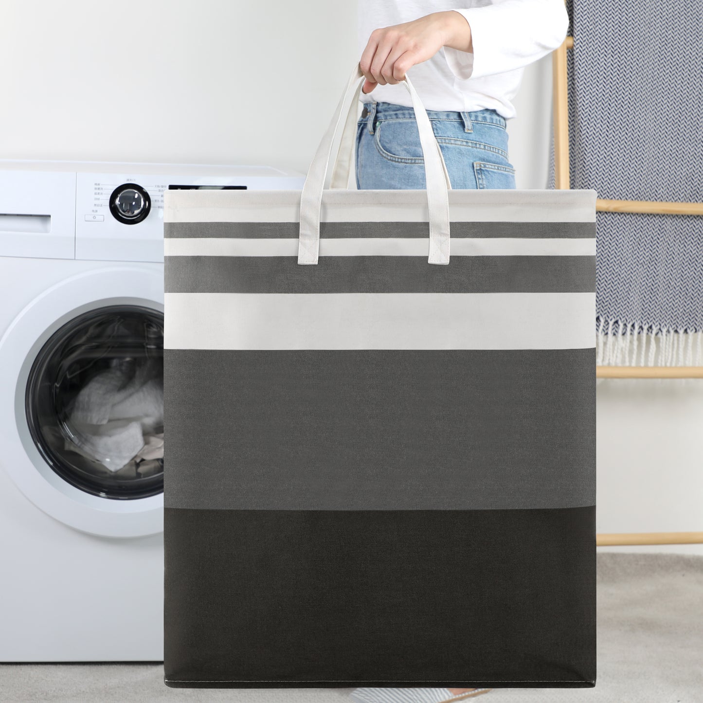 DOKEHOM 120L Freestanding Laundry Hamper with Handle, Collapsible Extra Large Cotton Storage Basket for Clothes (Gradient Grey)